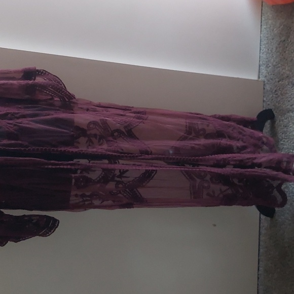 Embroidered Crochet Burgundy Open Front Duster Kimono L Indie Boho Festival - Picture 2 of 12